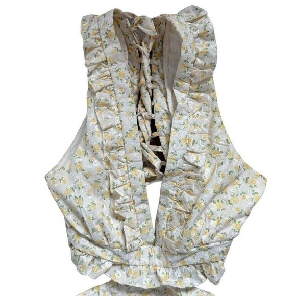 Mable Lexi Lace Up Yellow Floral Ruffle Cut Out Mini Dress Sz M - Picture 7 of 9